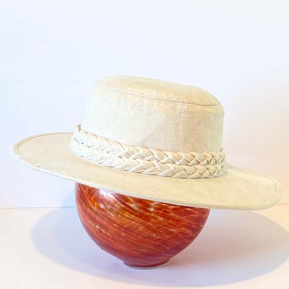 Accessories Ivory Faux Suede Braid Trim Flat Top Boater Hat Poshmark